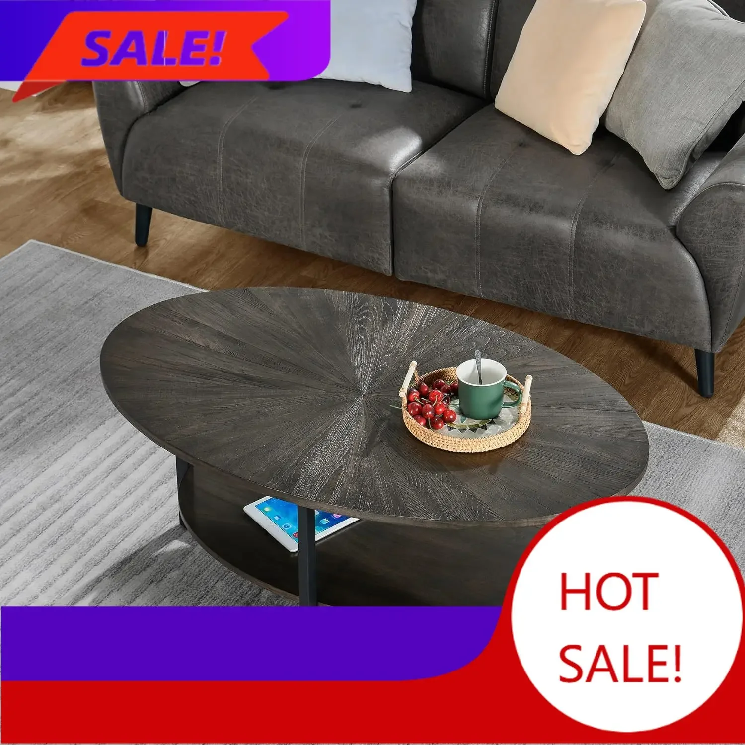 Solid Wood Oval Coffee Table with Cross Metal Legs, 43.3in Modern Industrail Center Table with Open Shelf Cocktail Tea Table for