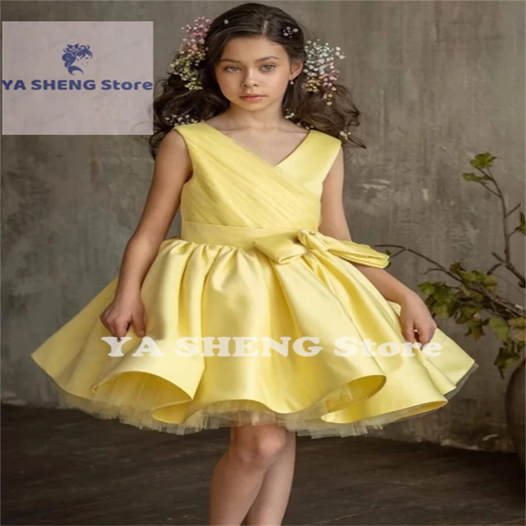

Yellow Flower Girl Dresses Tulle Satin With Bow Sleeveless For Wedding Birthday Party Banquet First Communion Gowns