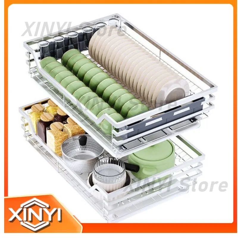 Double Tier Stainless Steel Kitchen Basket Rack for Bowls Plates Cups and Seasonings with Blue Drawer for Toilet Cabinet