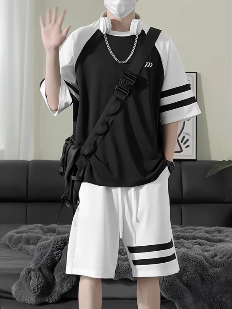 summer-casual-sport-ice-silk-short-sleeve-shorts-set-for-men-two-piece-set-t-shirt-polyester-fiber-teenagers-fashion