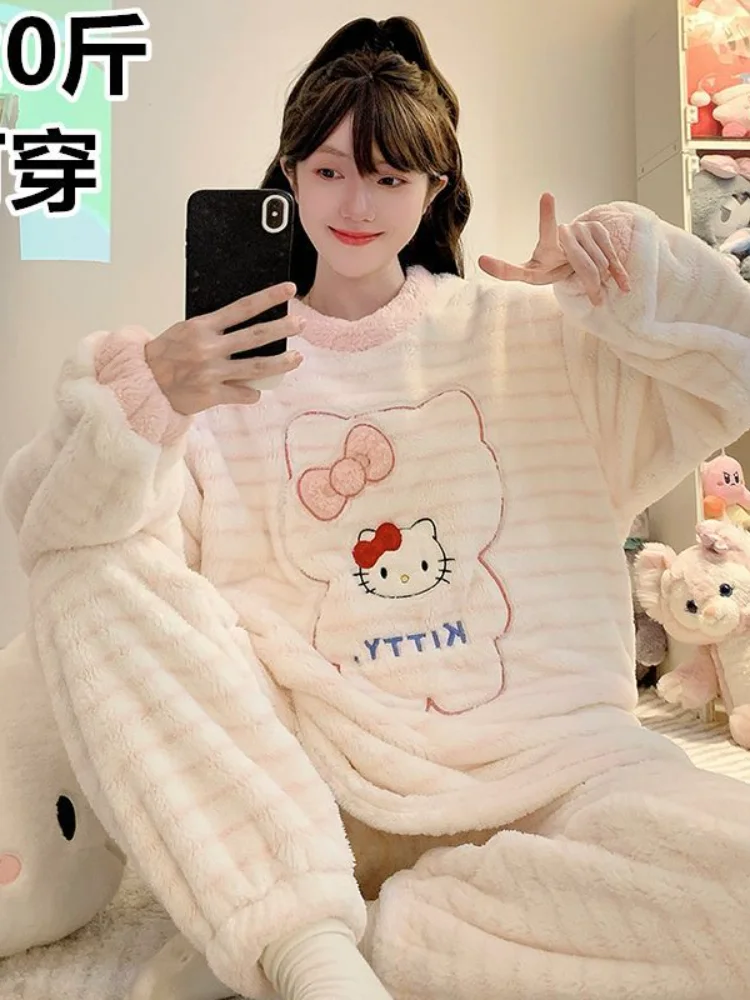 Sanrio menina casa wear microvilli olá kitty kawaii dos desenhos animados estudante casual outono e inverno em torno do pescoço loungewear conjunto novo estilo