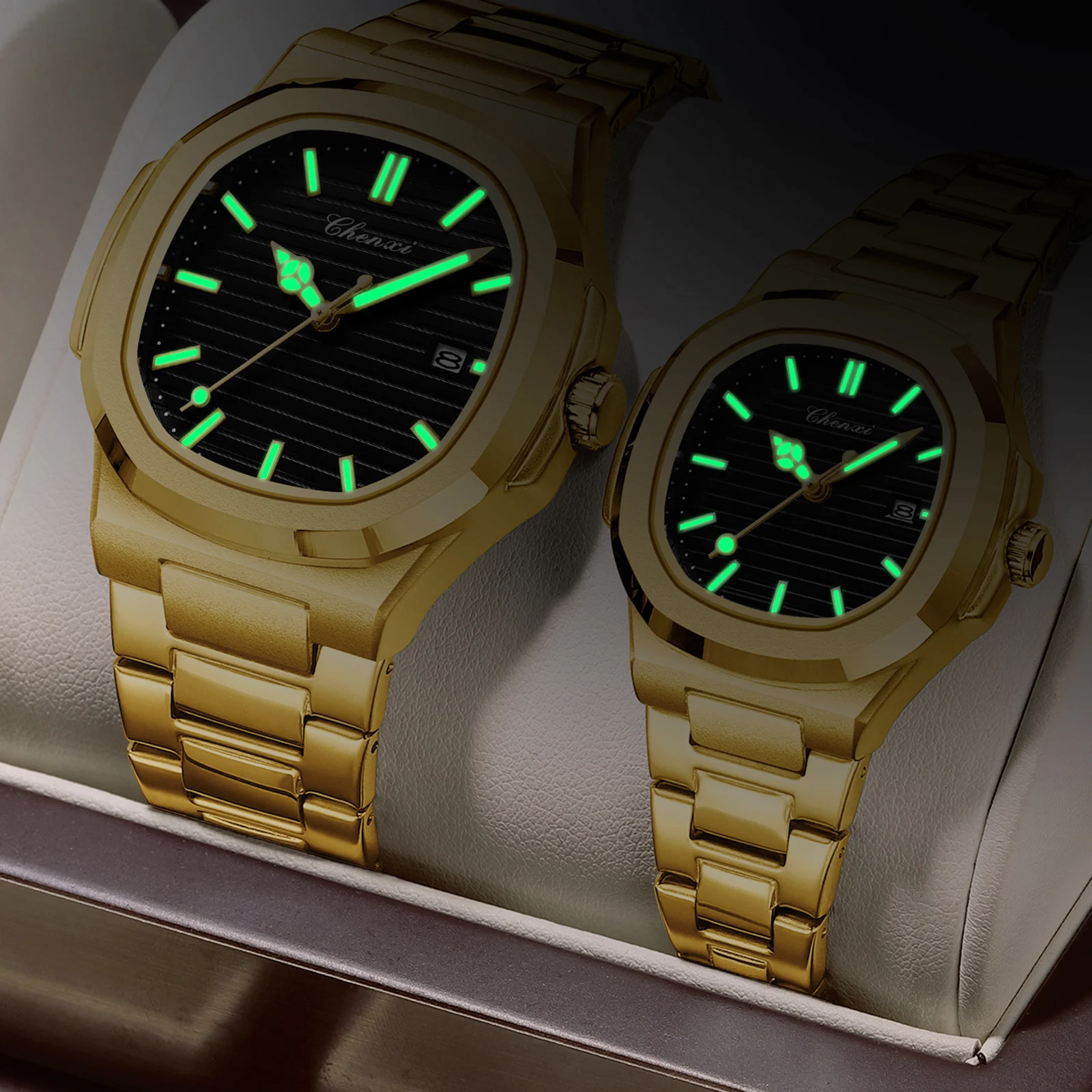 CHENXI Orologi da coppia di lusso Set Moda Data in oro Semplici amanti analogici Orologi al quarzo Orologio in acciaio inossidabile Regalo di anniversario