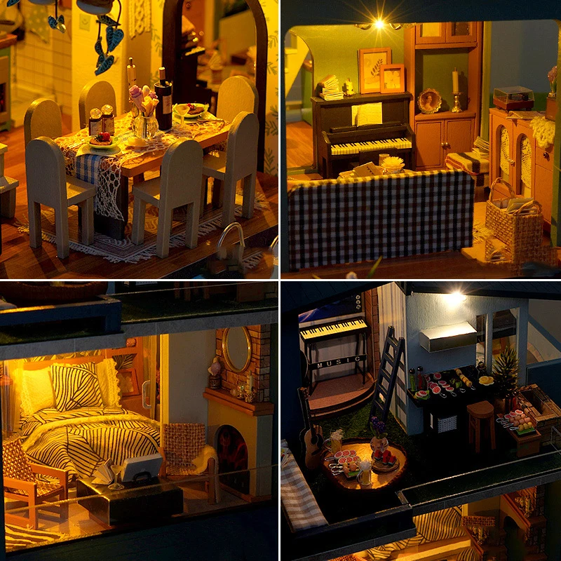NUOVO fai da te in legno Sunshine Forest grandi case delle bambole Casa kit modello in miniatura casa delle bambole con mobili per amici regali di compleanno