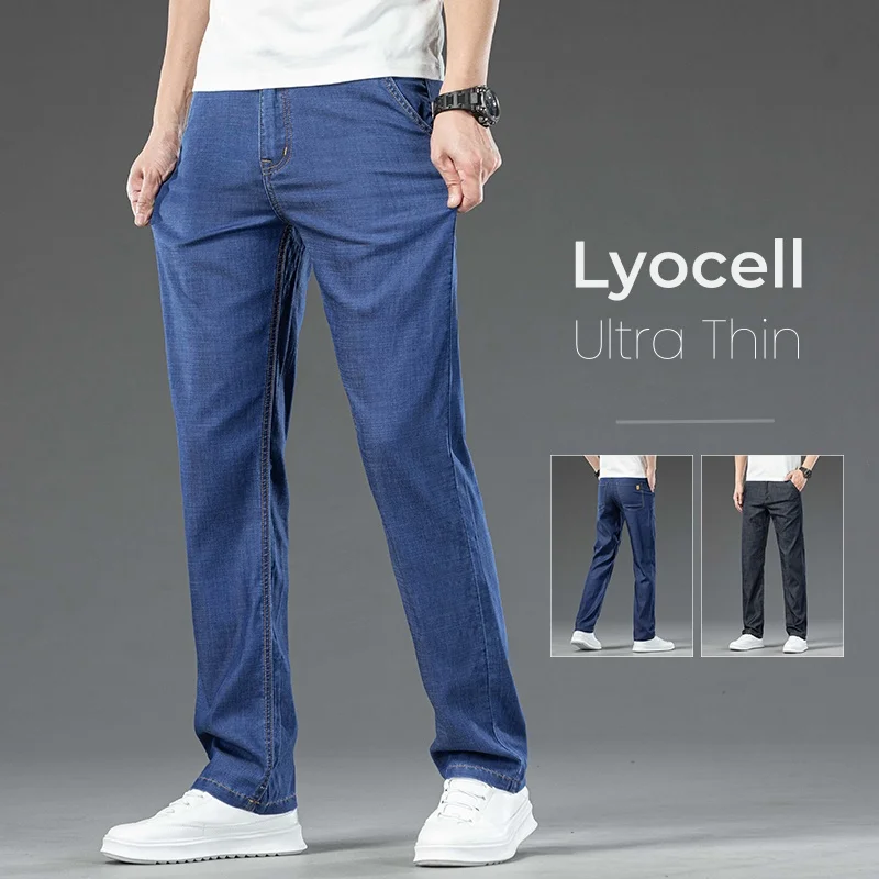 Summer Ultra Thin Lyocell Stretch Jeans Men's Classic Style Loose Straight Business Casual Denim Long Pants Brand Clothing Male