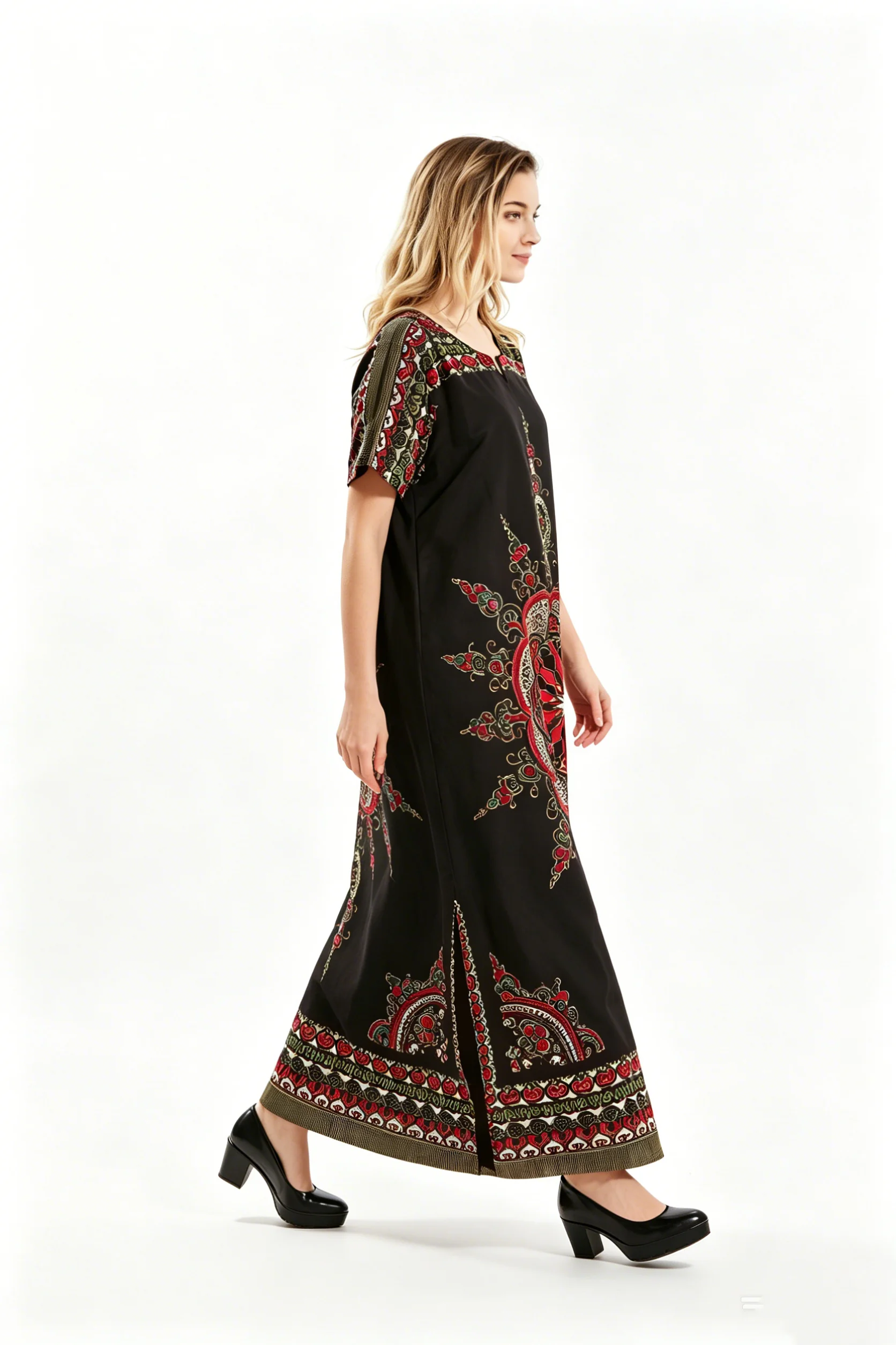 

Women's 100% Cotton Maxi Dress, Black Bohemian Mandala Print Short Sleeve Kaftan, Loose Fit Comfortable Casual Summer Long Dress