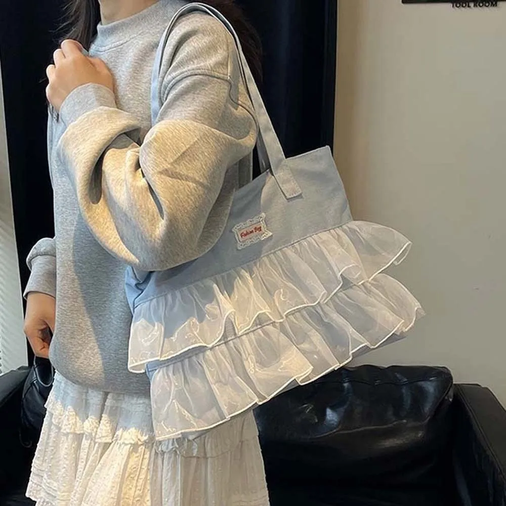 

Portable Denim Blue Tote Bag Korean Style Large Capacity Commuting Shoulder Pouch Polyester Black Denim Lace Handbag Summer