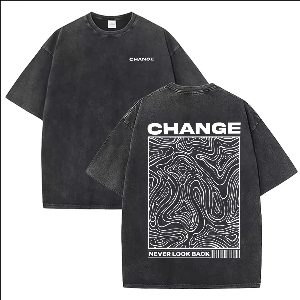 Men's Moon and Sun Printed T-shirt Oversized Short Sleeved Retro Washed Shirt Summer Top