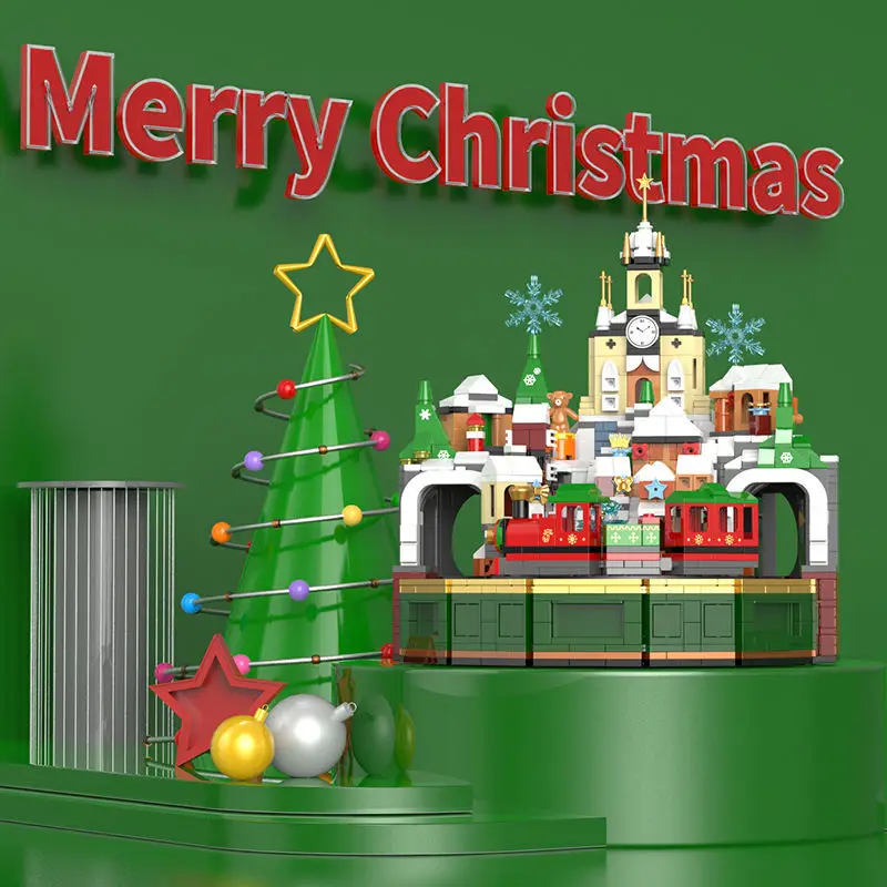 Creative Christmas Series Castle Music Box Building Blocks Street View Train Model Assemble Mini Brick Toys For Kids Adults