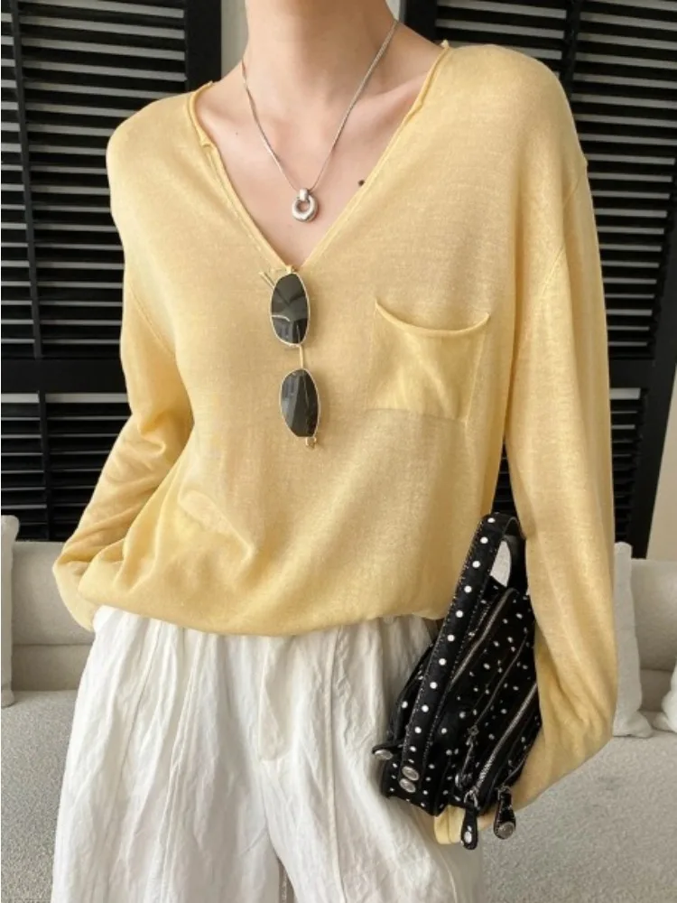 LIinar Atmospheric Tencel-Linen French-Style Relaxed Curled-Hem Sun-Protective V-Neck Long-Sleeve Loose-Fit Casual Knit Top