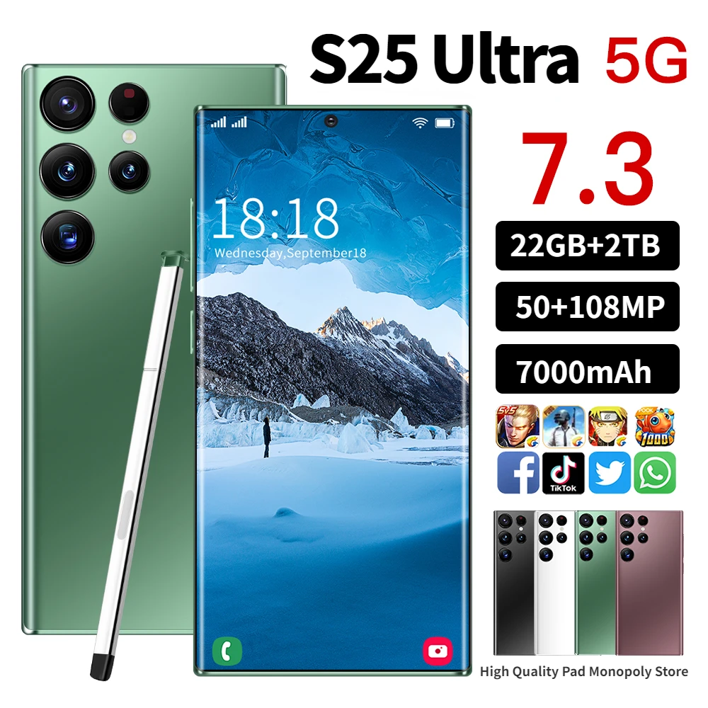 

S25 Ultra Mobile Phones 7.3 HD Screen SmartPhone Original 22GB+2TB 4G 5G Dual Sim Celulares Android Unlocked 7000mAh Cell Phone