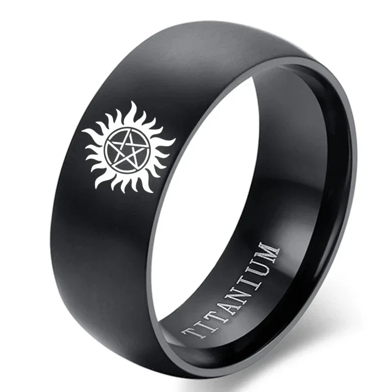 

8MM Signet Ring Men's Sun Power Supernatural Ring Titanium Steel Ring For Men Jewelry Wedding Engagement Gifts Accessories