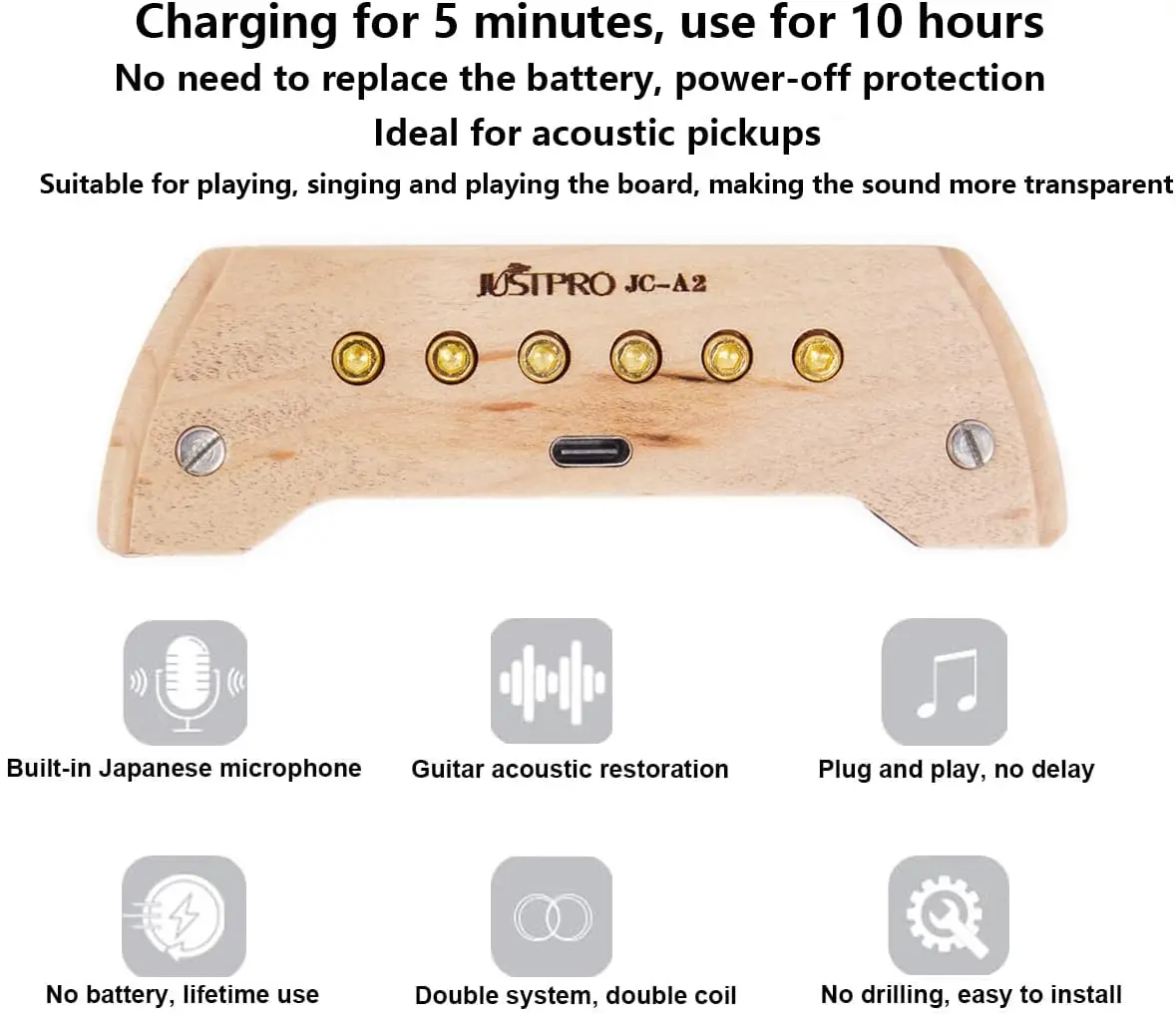 Akustikgitarren-Tonabnehmer, Schallloch-Tonabnehmer mit JC-A2, akustisches Gitarren-Dual-System-Tonabnehmer-Kit mit wiederauf ladbarem Mikrofon