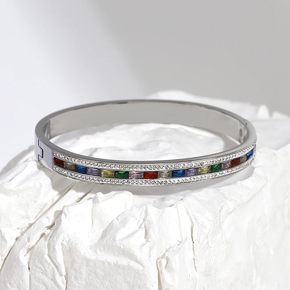 Greatera Luxury Colorful Cubic Zirconia Charm Bangles Bracelets for Women Gold Color Stainless Steel Rhinestone Bangle Jewelry