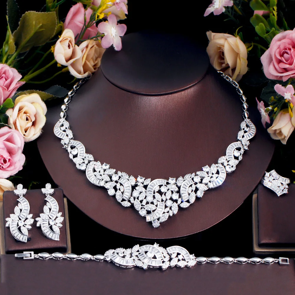 CC Wedding Jewelry Set Women Accessories Bridal Bijoux Engagement Necklace Earrings Bracelet Earrings Sets 4 PCS Shining T0271