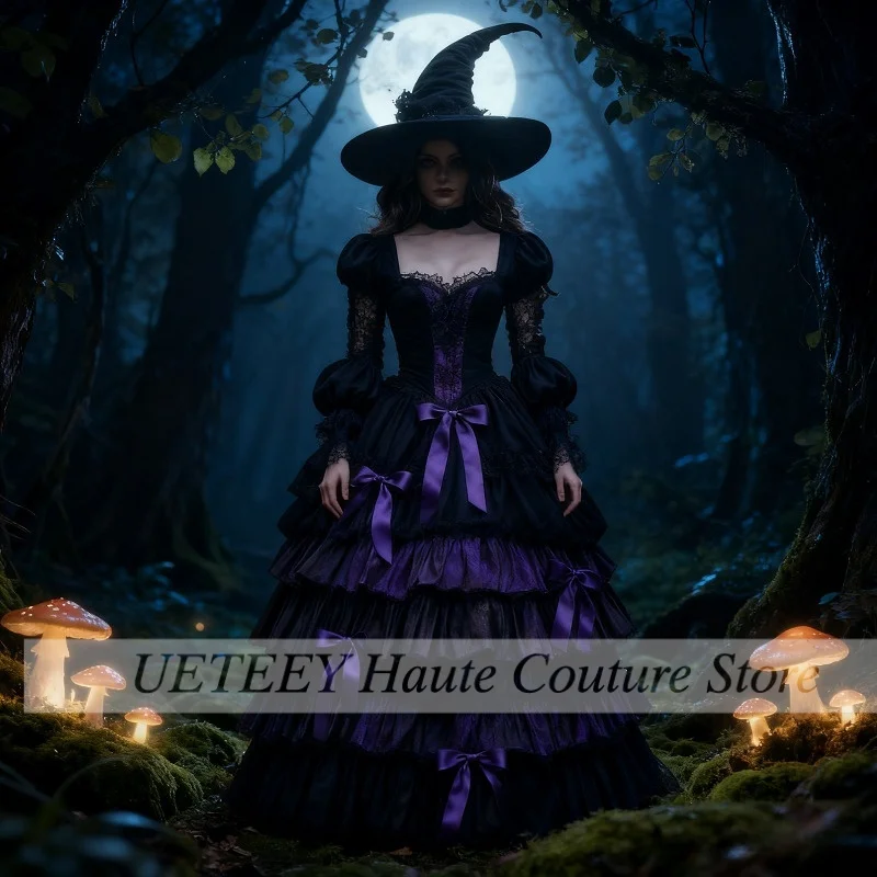 Victorian Gothic Prom Dresses Black Colour V Lace Long Sleeve Asymmetric Hem Halloween Cosplay Eevning Dress Customized