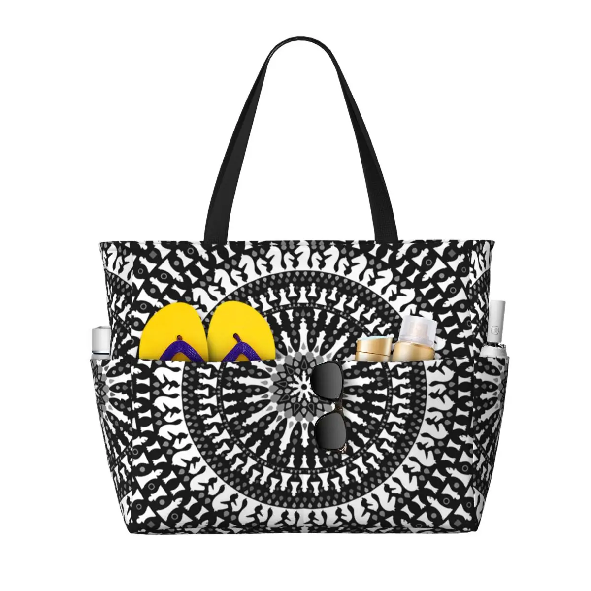 

Chess Pieces Mandala Grayscale Chessboard Beach Tote Bag Sport Gym Yoga Duffle Large Tote Bag Women Travel Bag Fitness bag