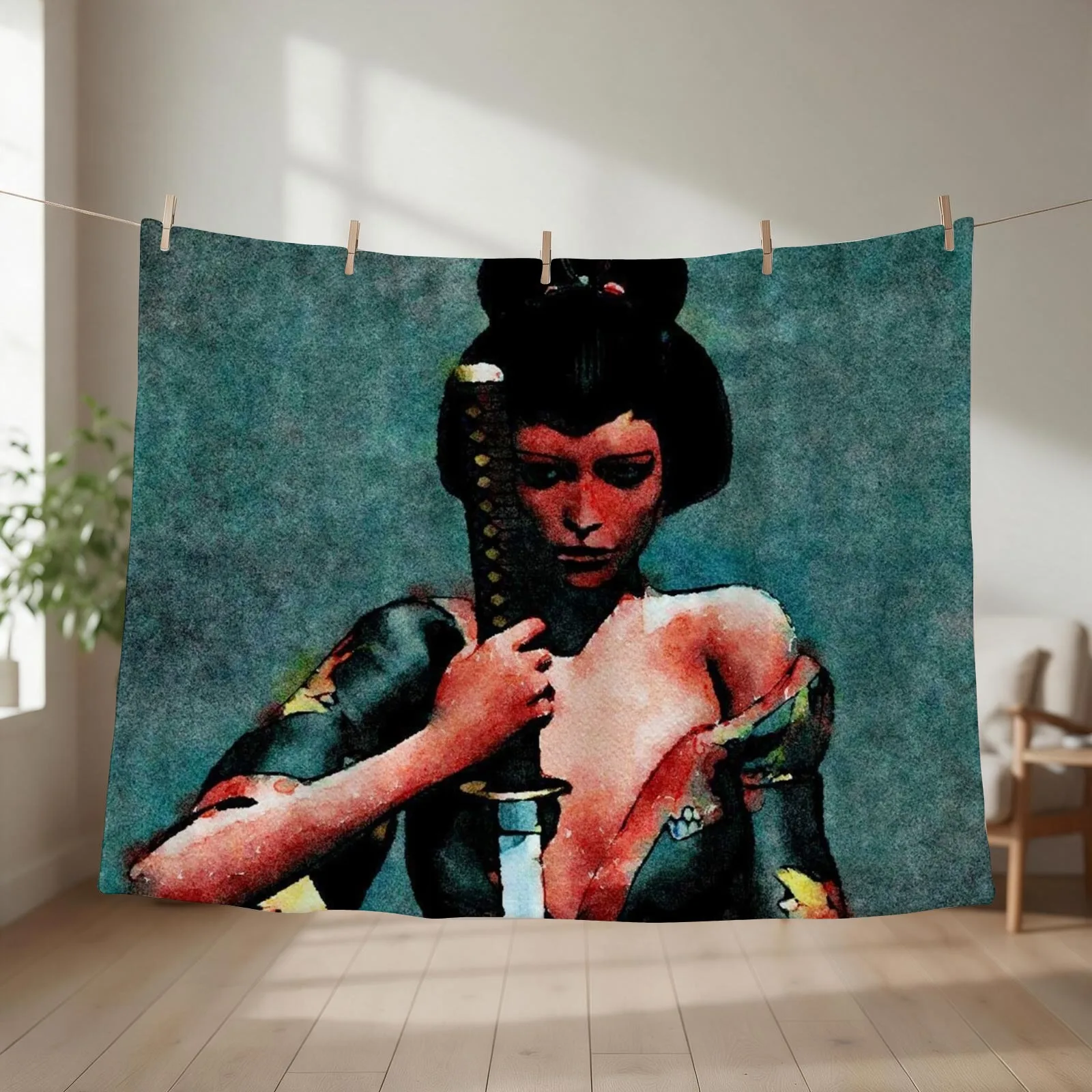 Red Geisha with Sword Throw Blanket couch cozy soft plush fuzzy picnic outdoor blanket