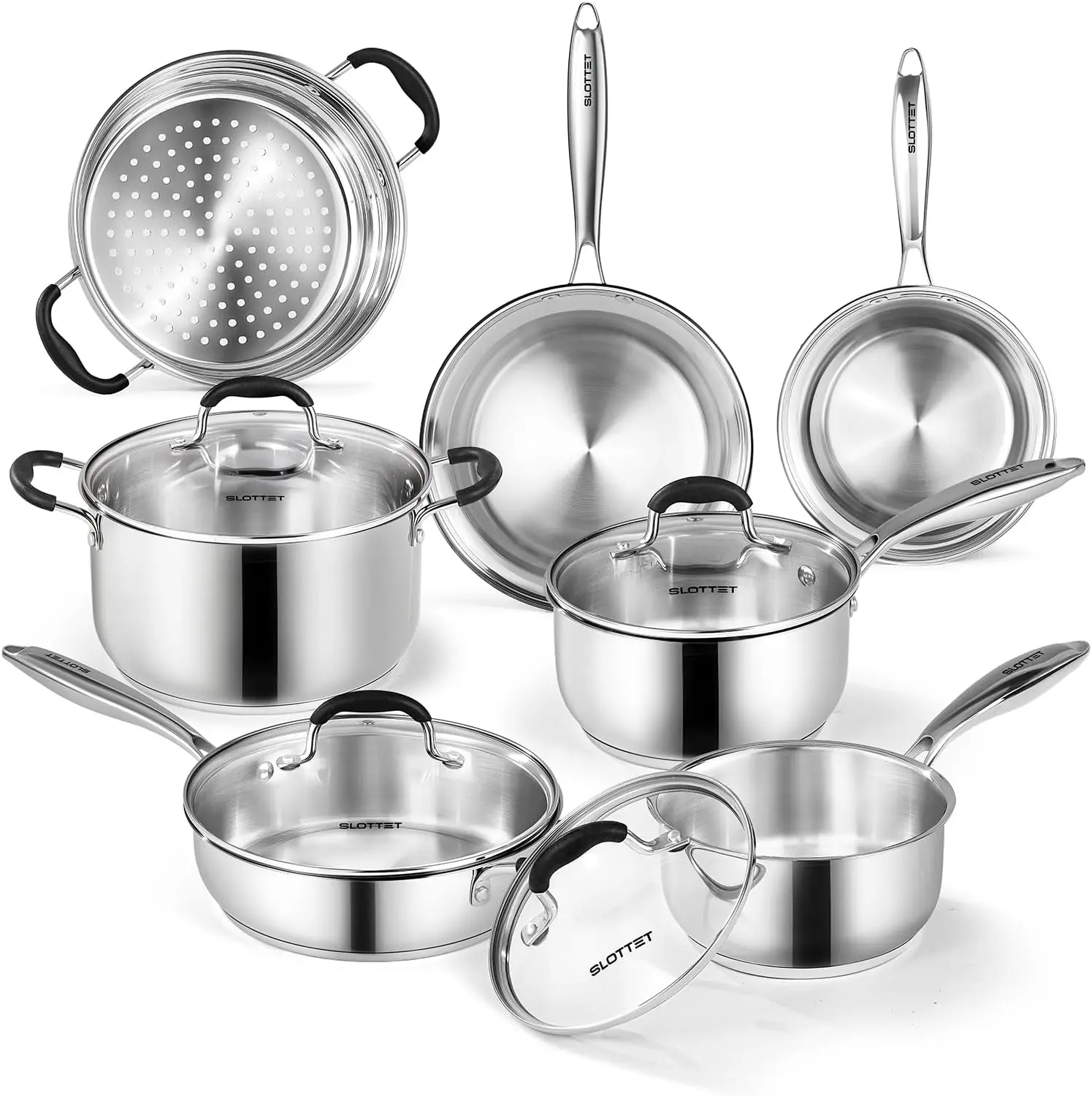 

Набор кухонной посуды из нержавеющей стали, 11 предметов: кастрюли и сковороды с пароваркой, термостойкими ручками, нетоксичные, для индукционных плит