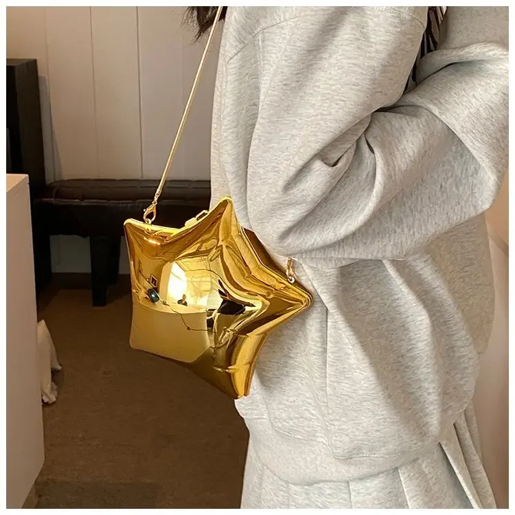 Cute Nice Design Gold and Silver Chain Womens Evening Bags 2024 New Bright Face Five Pointed Star Shoulder Bag Funny Party Bag