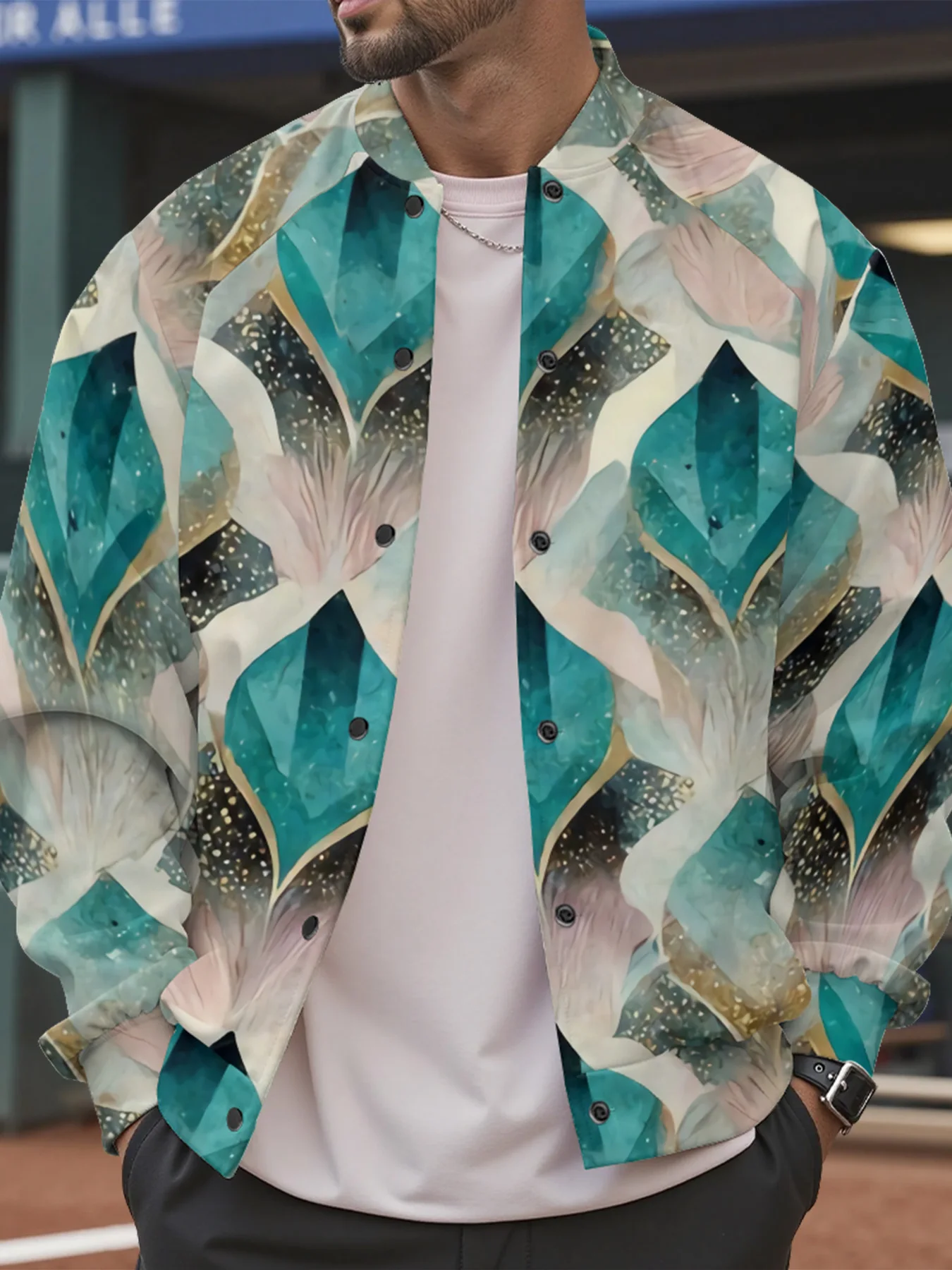 Artistic Geometric Print Waterdrop Pattern Baseball Jacket Gem-Feather Gold Snap Button Closure Korean Street Casual Clothing