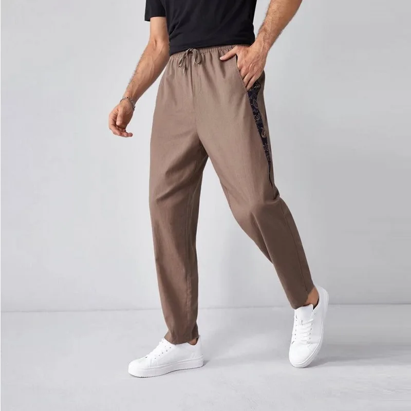 

Men's Cotton Linen Casual Pants Summer New Loose Faion Large Size Patchwork Casual Trousers European Size Youth Leisure