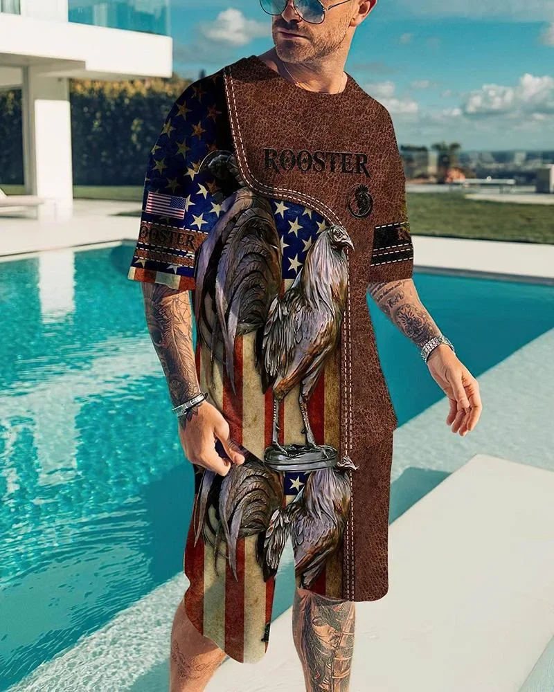 

2025 New Men's Suit Summer 3D Printed Round Neck T-shirt Shorts 2-piece Set Casual Outdoor Sports Set