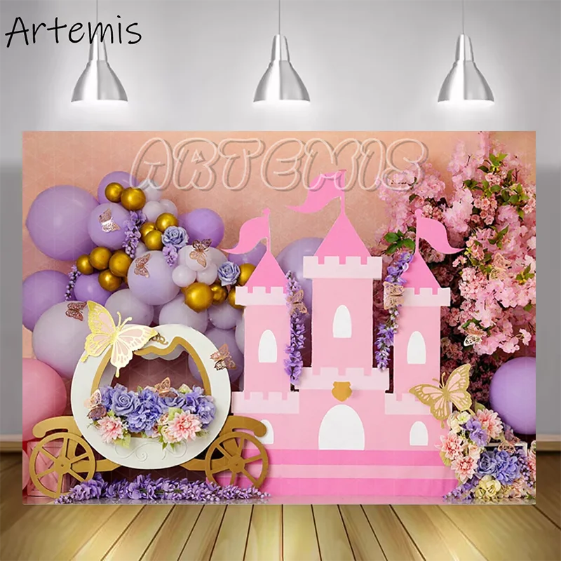 Fairy Princess Pumpkin Carriage Cake Smash Backdrops Castle Balloon Children\'s Birthday Decoration Photocall Photo Backgrounds