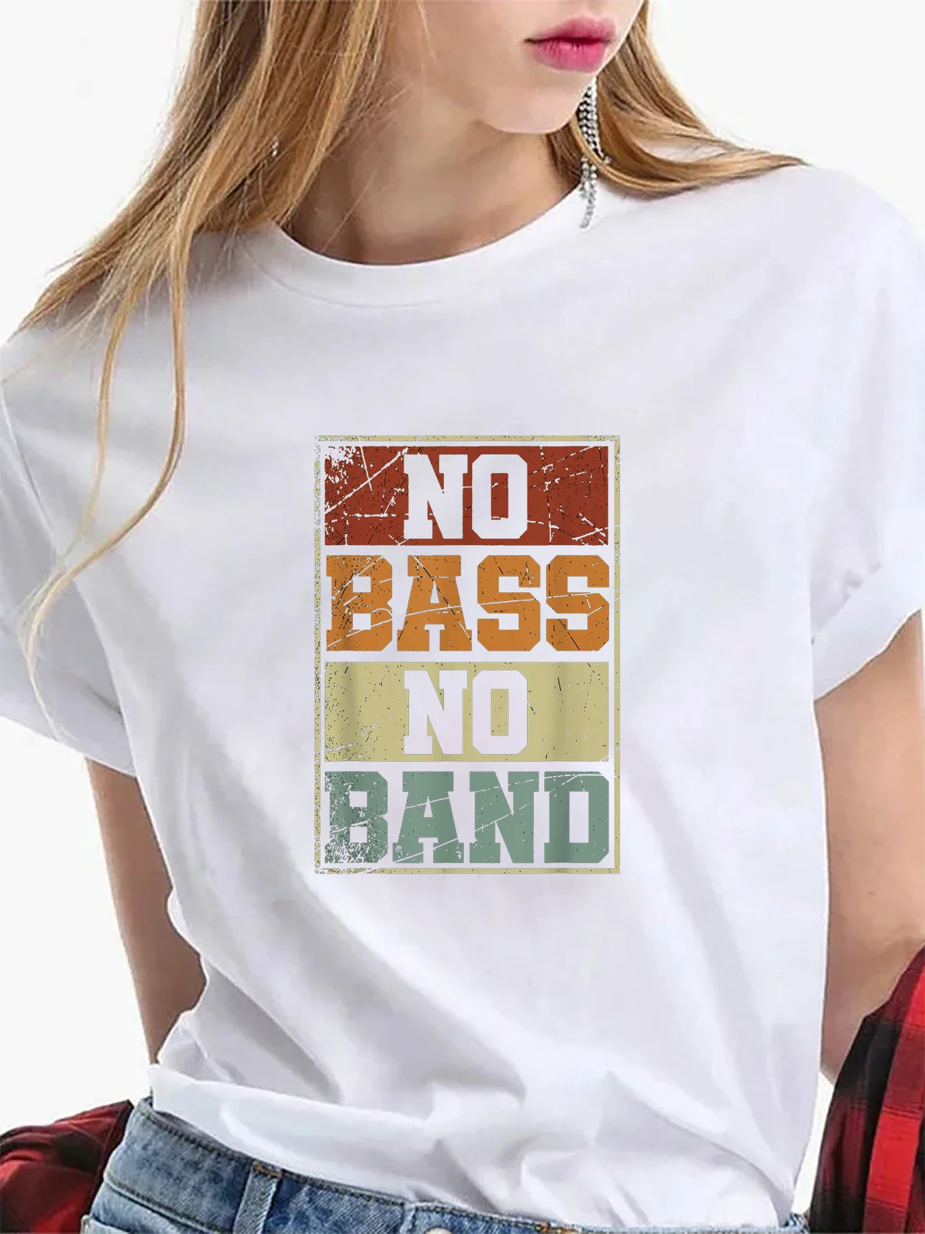 Womens No Bass No band Bass Player Print T-Shirt Fashion Women\'s Team Short-Sleeved Round Neck T-Shirt Oversized T Shirt