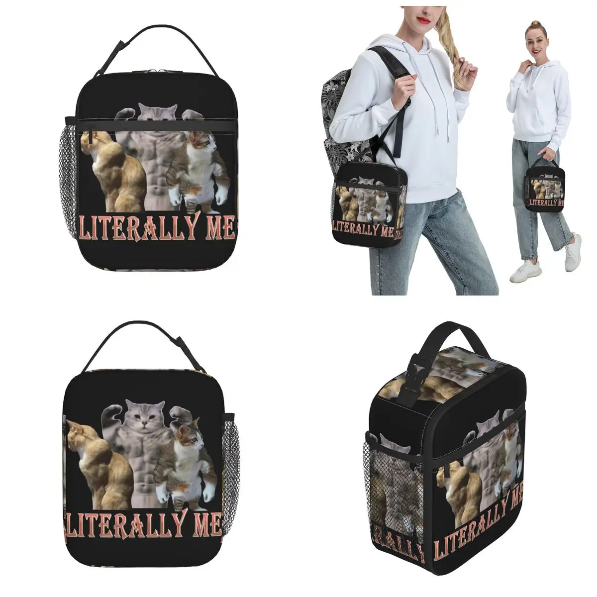 Funny Buff Cats Meme Literally Me Insulated Lunch Bag Gym Muscle Food Container Bag Reusable Thermal Cooler Lunch Boxes For Work