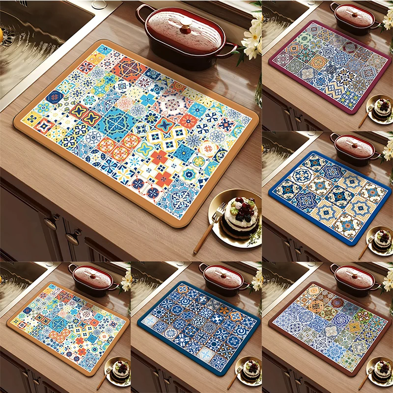 

Retro Patterned Kitchen Countertop Mat Restaurant Drain Absorbent Pad Anti Mold Quick Drying Pad Non Slip Placemat Home Decor