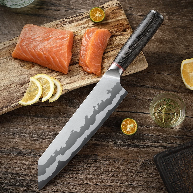 TJ POP 8 Inch Kiritsuke Knife Sandblasted Forged Stainless Steel Kitchen Knives Pakkawood Handle Multi-Use Japanese Chef's Knife