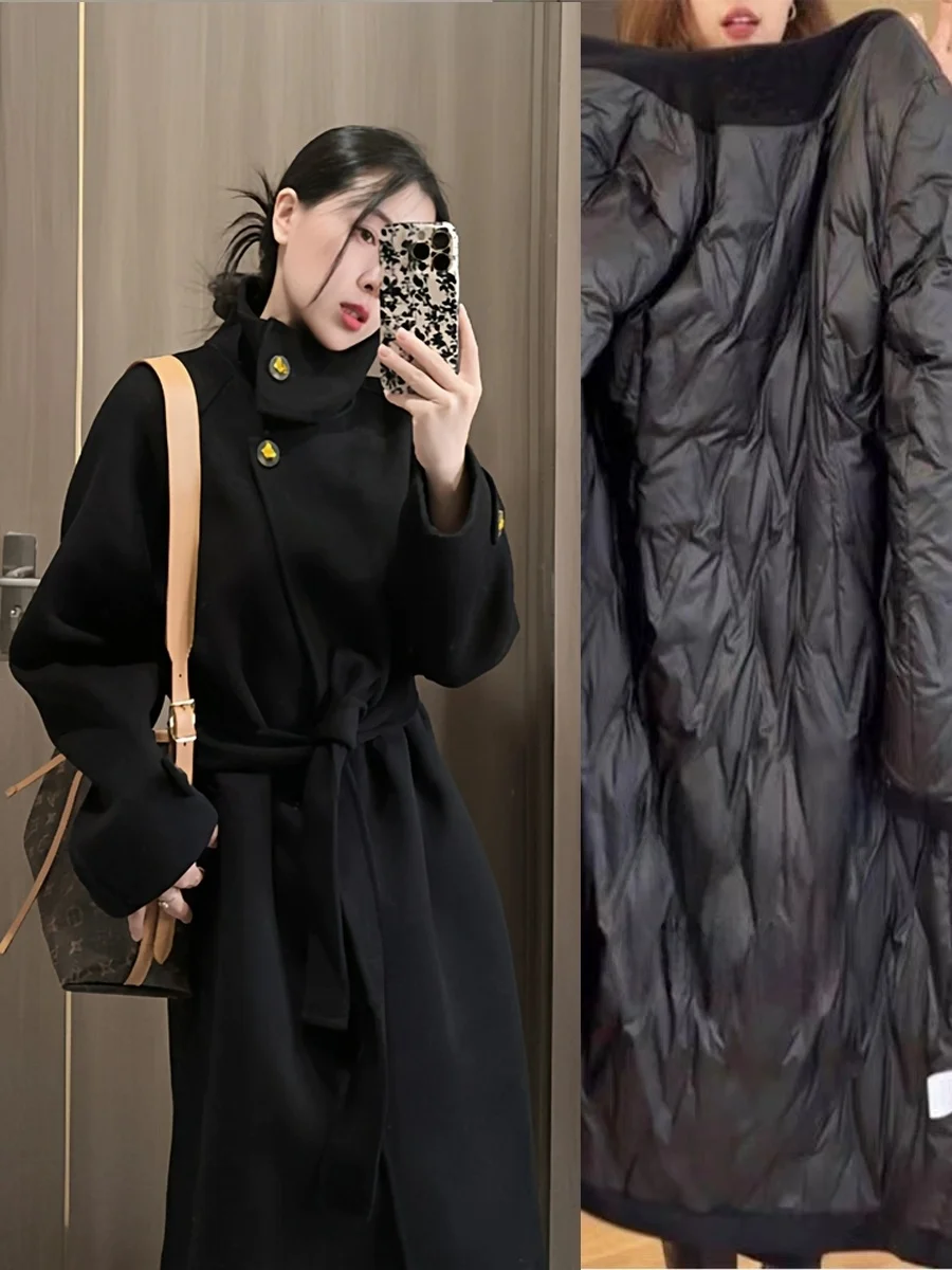 

Hebe Sle Women's Woolen Coat Bla down Inner Loose Fit Fce Lined Winter Faion Slimming Large Coat Korean Version