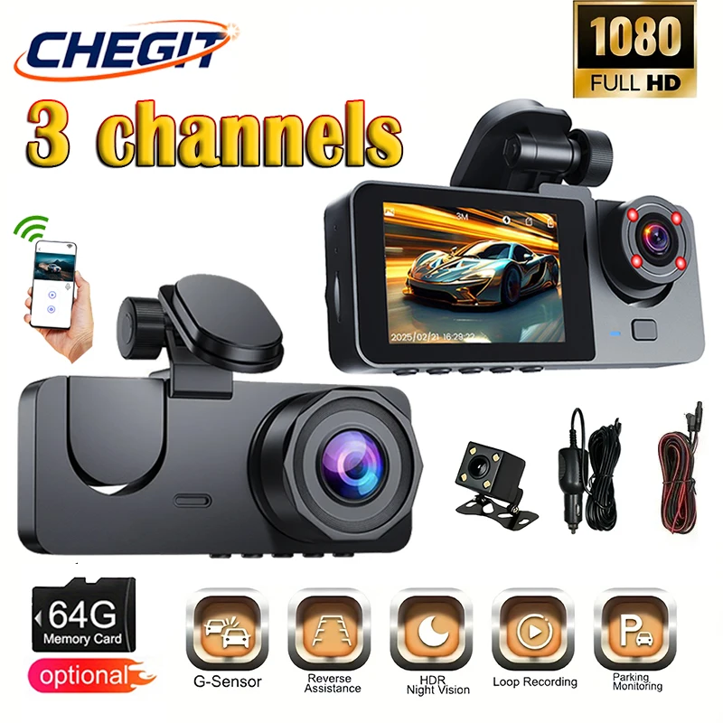 1080P HD Video Recorder WIFI Dashcam with 2/3 Cameras, Triple Channel Car Camera, Night Vision, Car DVR with Wide Angle Lens