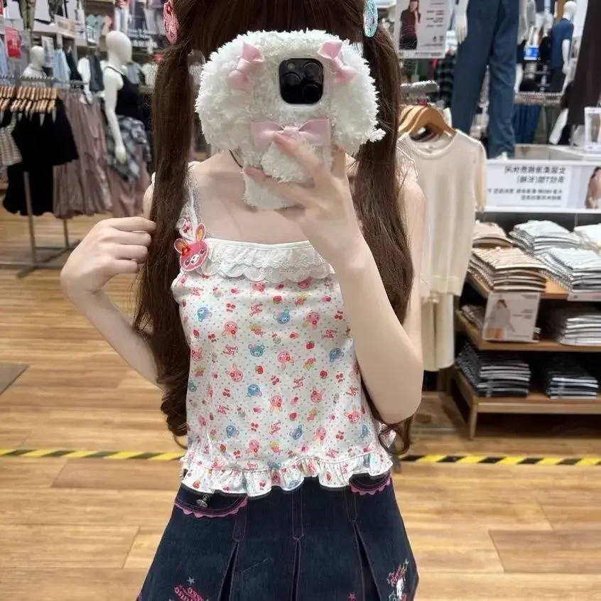 Japanese Dopamine Cute Tank Top Cartoon Mp Printed Sweet Girl Daughter Clothing Summer New All Match Crop Top Women Y2k Tops