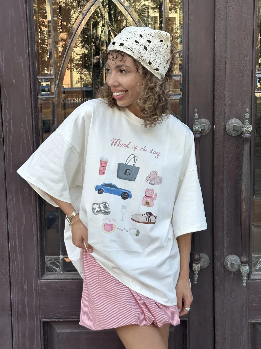 

Sumuyoo 100% Cotton Women's Casual Vintage Printed Short Sleeve T-shirt Female Fashionable Hip Hop Loose Top