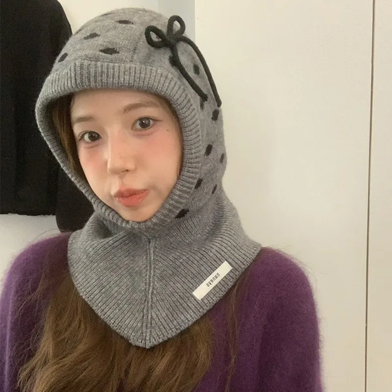 Korean Style Sweet Bow Polka Dot Balaclava Hat Winter Outdoor Knitted Hooded Neck Guard Pullover Knitted Hats for Women Cap