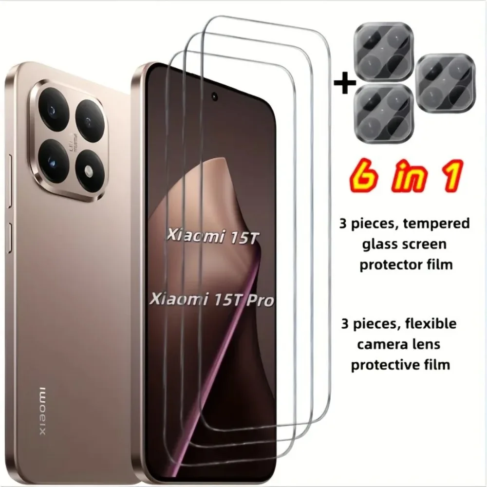 6 in 1 gehärtetes Glas Displayschutzfolien mit 3 Stück Kameraobjektivschutz kompatibel für Xiaomi 15T 14 13 12T 11T Pro Glas