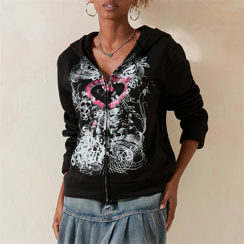 hirigin Y2K Women Zip up Hoodies Gothic Heart Print Loose Casual Long Sleeve Sweatshirts Jackets for Spring Fall Streetwear Coat