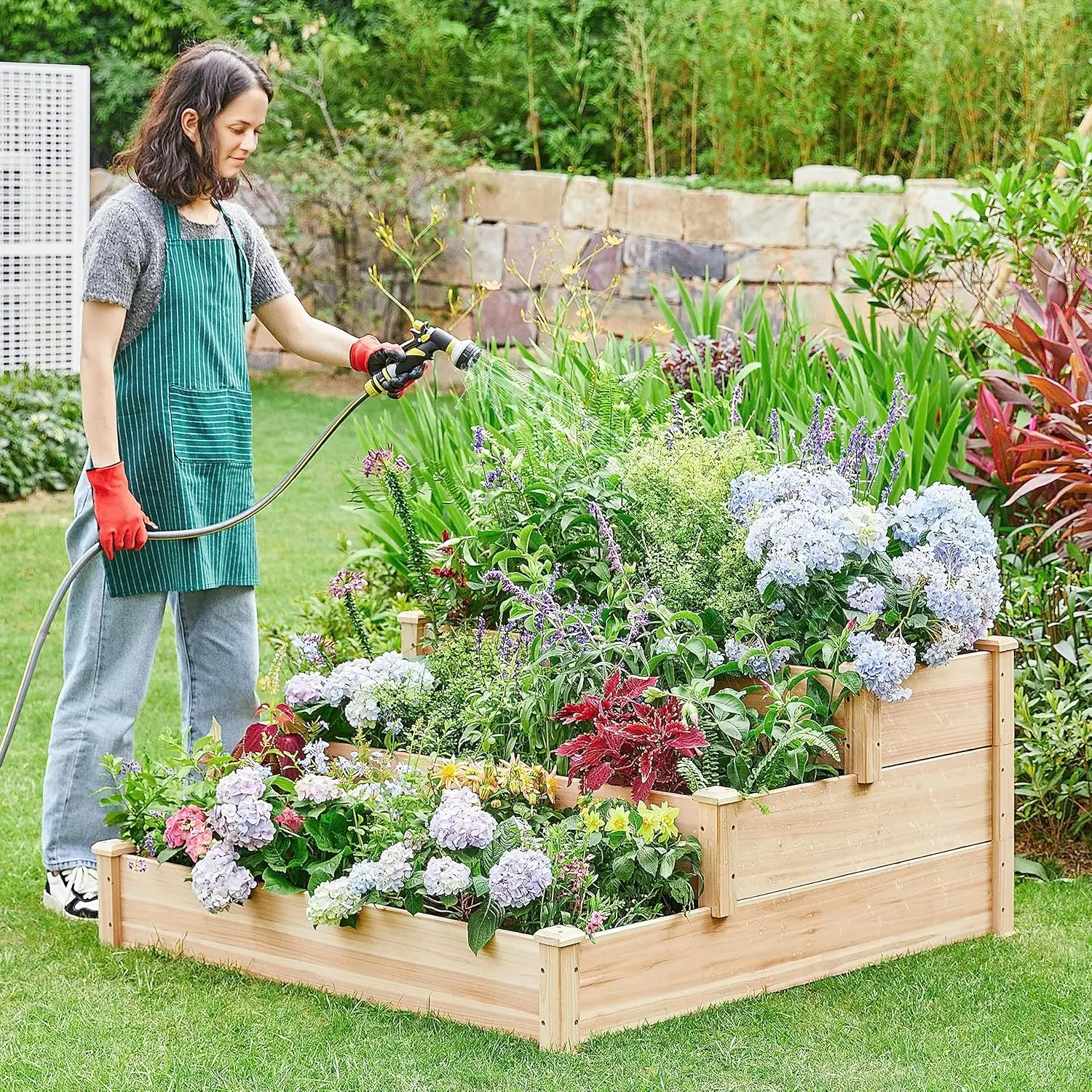 3 Tier 47 x 47 x 22in Raised Garden Bed Horticulture Outdoor Elevated Flower Box Tiered Garden Bed Wooden Vegetables Growing Planter for Backyard/Patio/Gardener