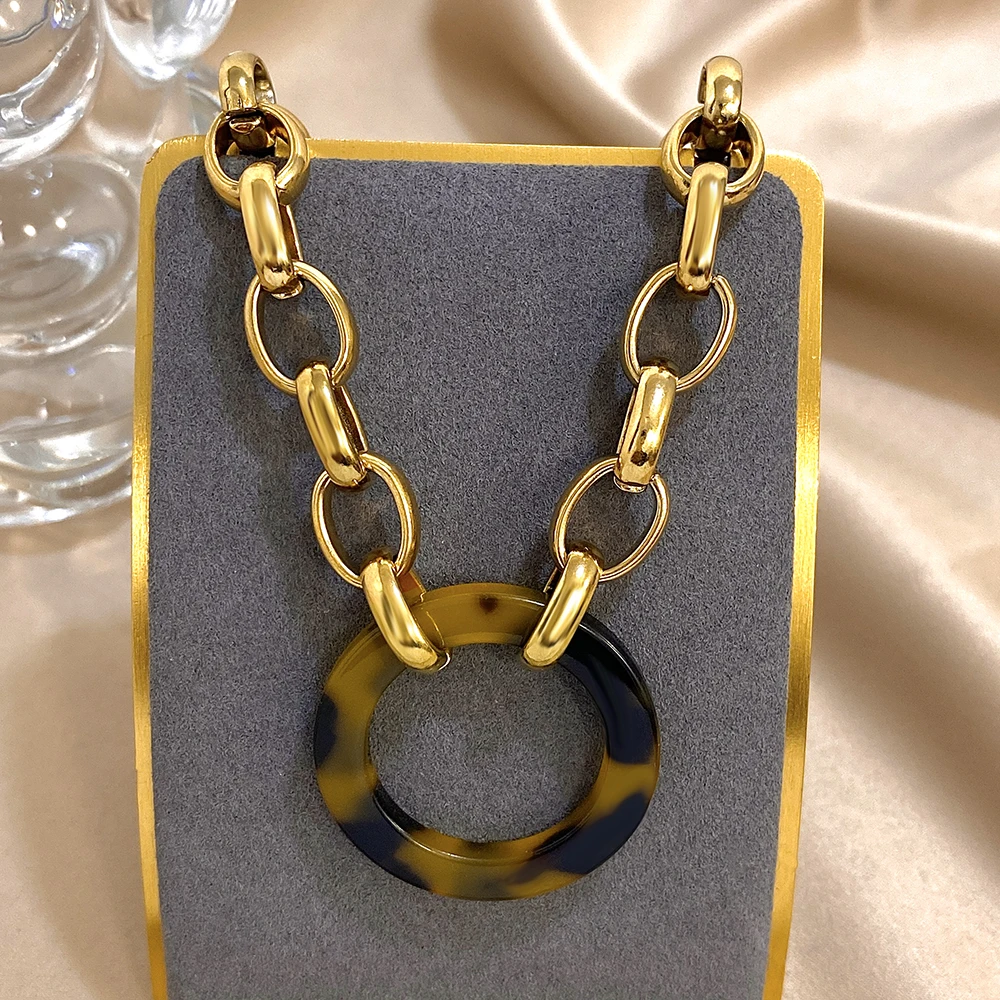 Punk Chunky Women\'s Set Jewelry Gold Color Thick Chain Leopard Pendant Stainless Steel Necklace Bracelets Set Fashion Jewelry