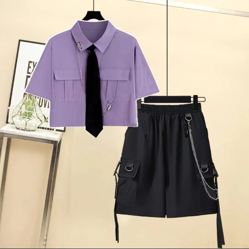 Safari Style Summer New Sets for Female Students Korean Version Loose Tie Short Sleeved Shirt+knee Length Shorts Two-piece Set