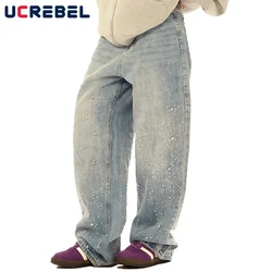 Rhinestone Washed Distressed Jeans Mens y2k High Street Loose Straight Wide Leg Denim Pants Men Trousers