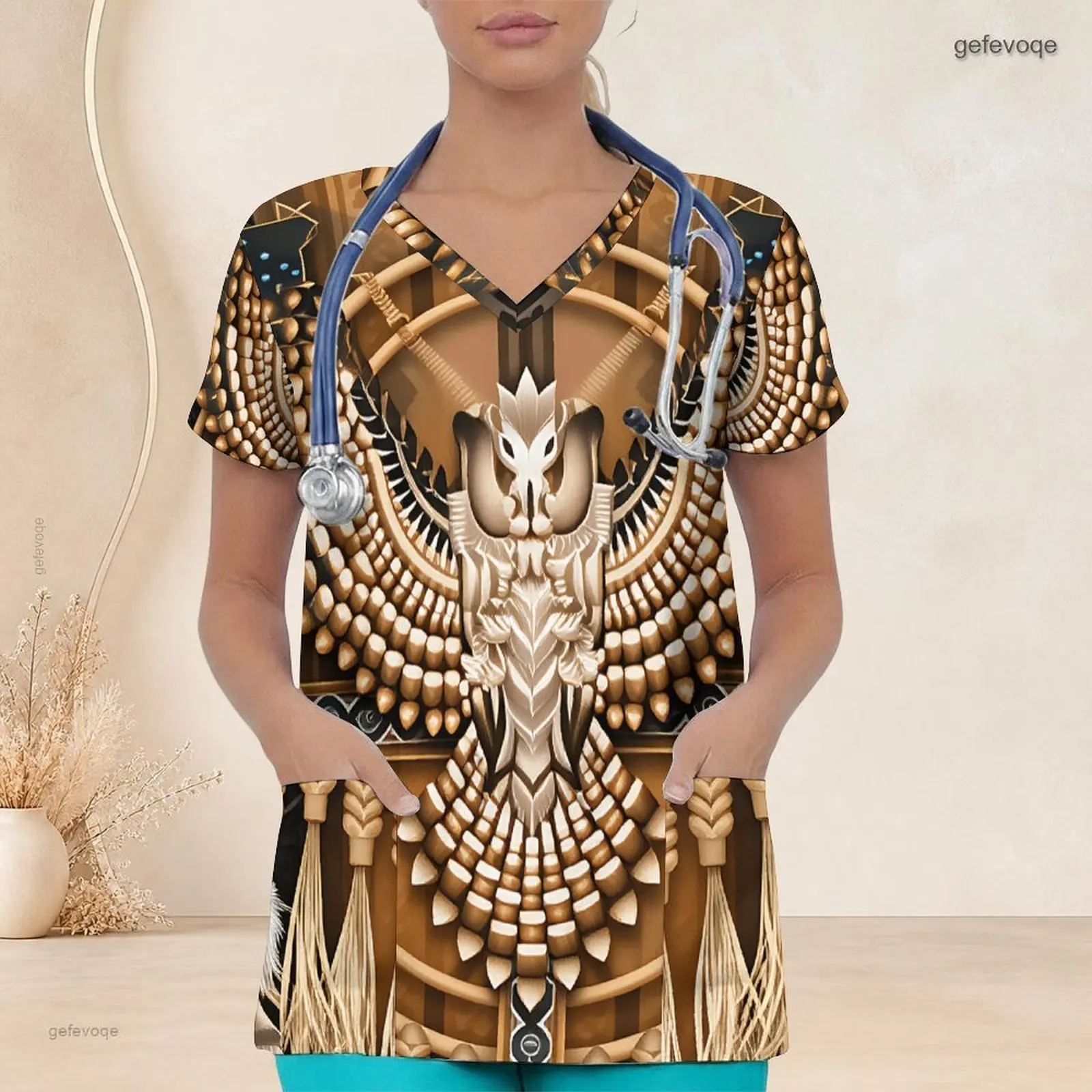 Women V Neck Short Sleeve Scrub Top, Printed Golden Ornate Egyptian Eagle Pattern With Front Pockets