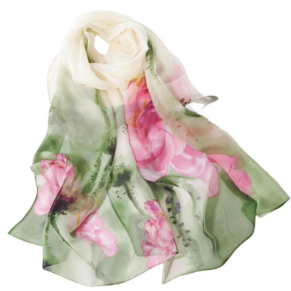 Watercolor Lotus Chiffon Scarf for Women Elegant Floral Print Long Shawl Wrap, Lightweight Georgette Silk Feel Scarves