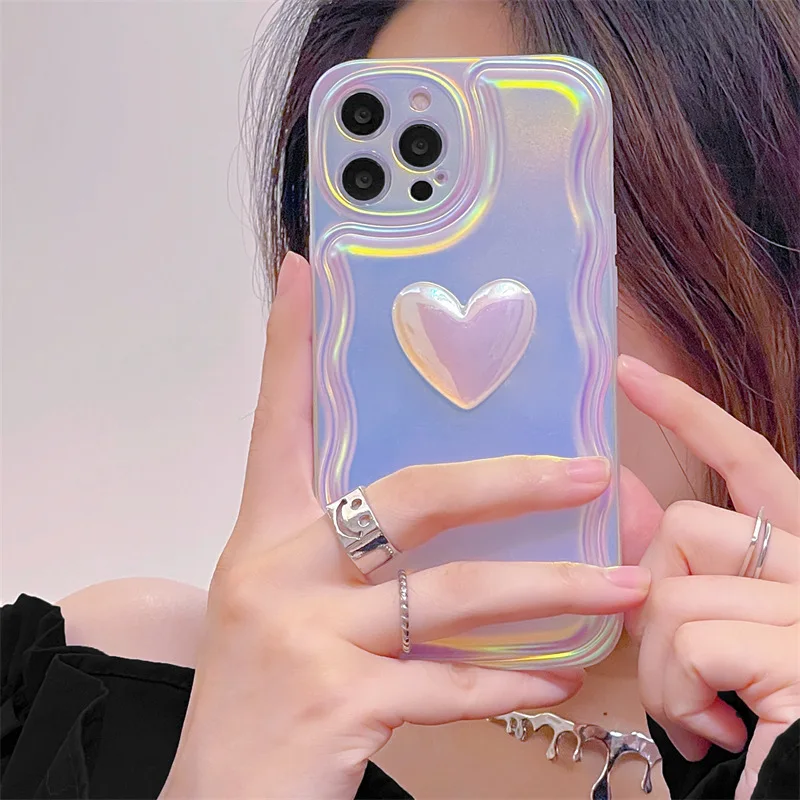 Colorful laser three-dimensional heart suitable for iPhone 15 Pro max phone case 14Plus anti drop 13 Beautiful 12 Fashion 11 IMD