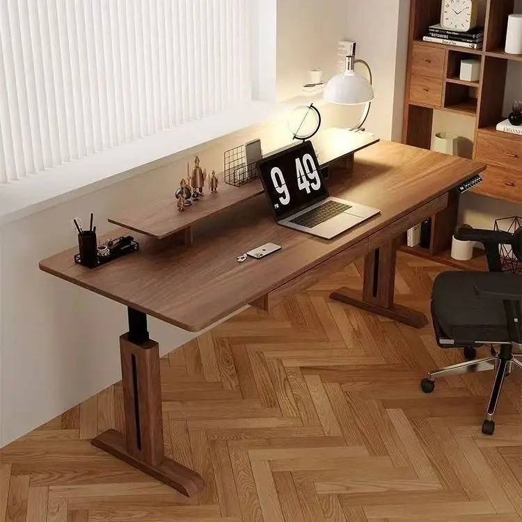 North American Black Walnut Solid Wood Office Desk Modern Design Electric Lift Smart Standing Computer Work Station with Drawers