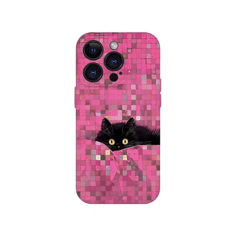 

Pink Checkered Black Cat Cartoon Phone Case for IPHONE 17Air 16E 15PROMAX 14Plus 13 12 MINI 11 PRO 16Plus XR Acrylic Phone Cover