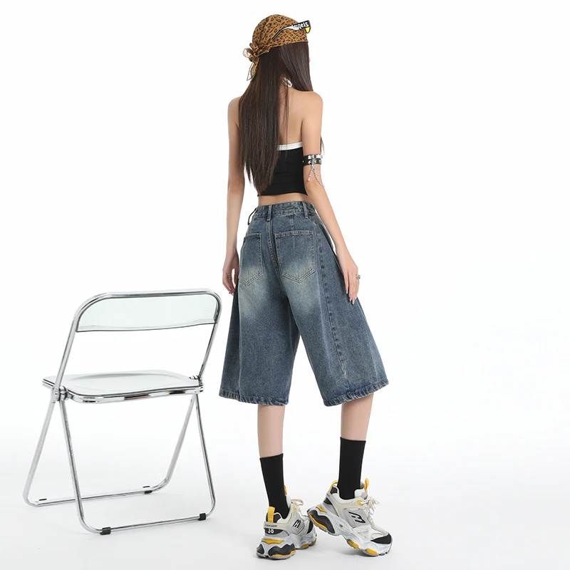 Y2K Street Vintage Drop Waist Slant Pocket Washed Cat Whisker Wide Leg Jorts Bermuda Denim Shorts