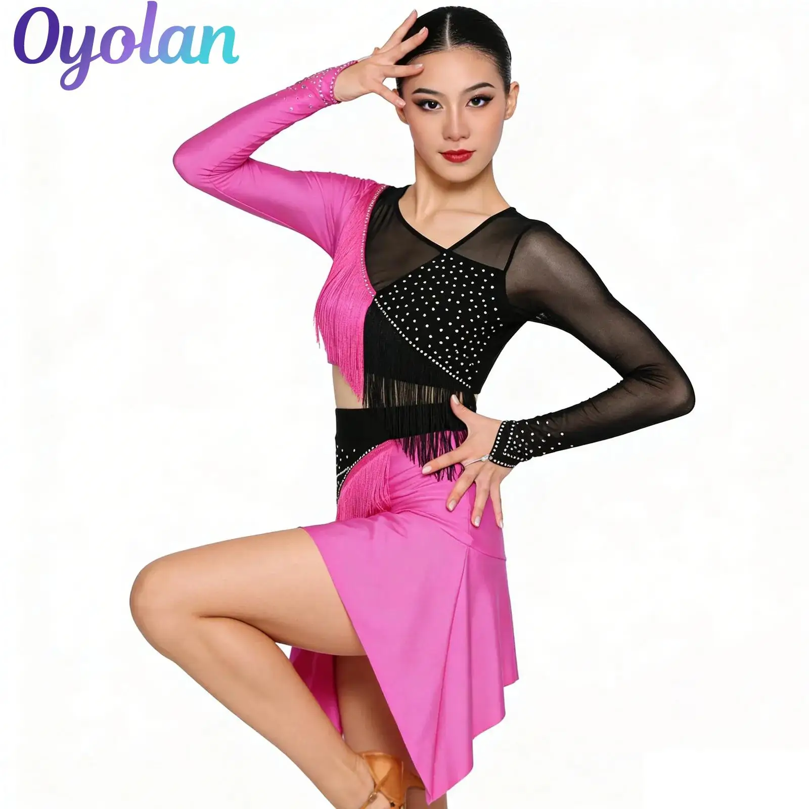 

Womens Tassel Glittery Rhinestones Fringed Tango Latin Dance Performance Costume Crop Top And Irregular Hem Skirt Dance Outfit