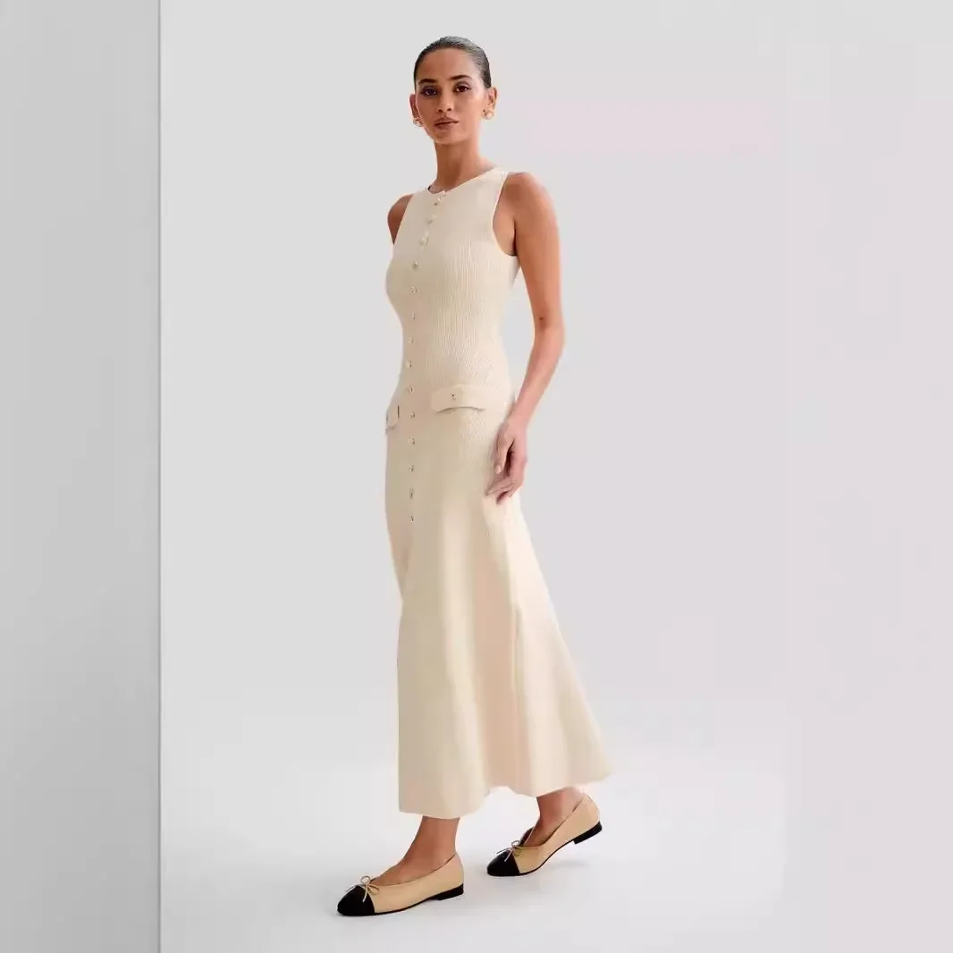 Vestido de punto sin mangas para mujer, prenda ajustada con cuello redondo, estilo informal e inteligente, para oficina, Otoño, 2024